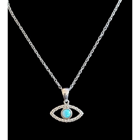 925 Sterling Silver Lab Opal Natural Stone Evil Eye Pendant Necklace 18.5 - Picture 2 of 5